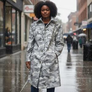 Dennis Basso Women's Gray Camo Button-Front Rain Jacket L NWT